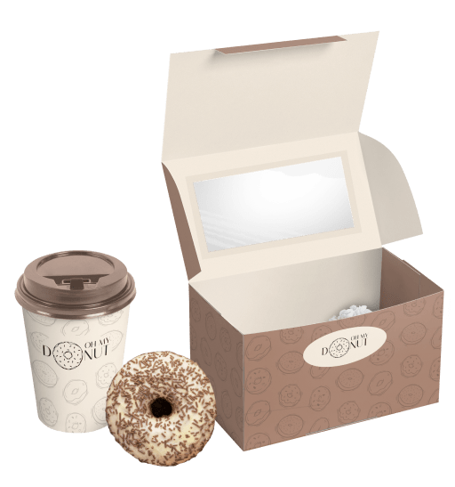 the box with coffee and one donut 
